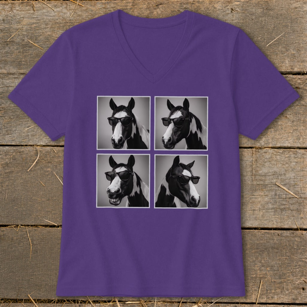 Purple t-shirt with four panels of a black and white horse wearing sunglasses.