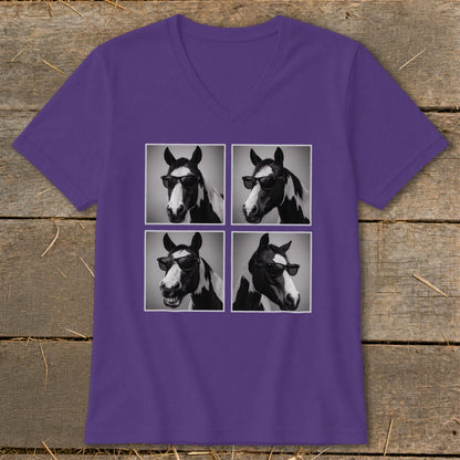 Purple t-shirt with four panels of a black and white horse wearing sunglasses.