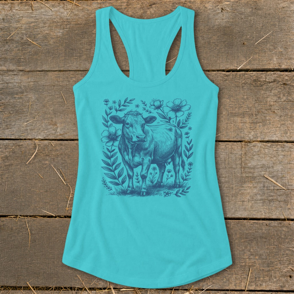 Teal tank top with a blue sketch of a cow surrounded by flowers and leaves.