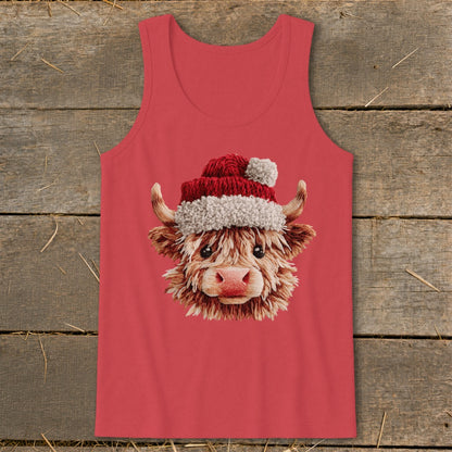 Red tank top with a watercolor highland cow wearing a Santa hat.