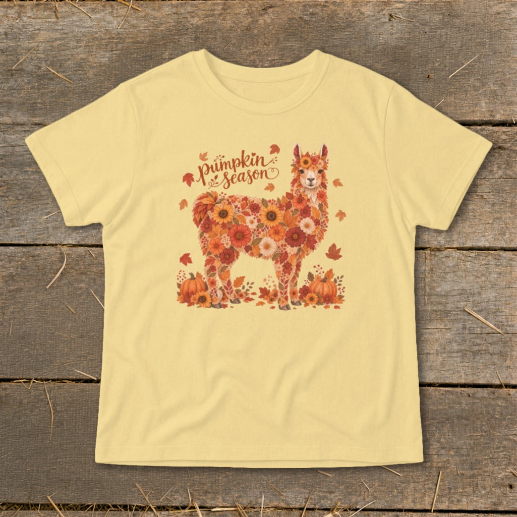 Light yellow t-shirt with a floral llama design and "Pumpkin Season" text.