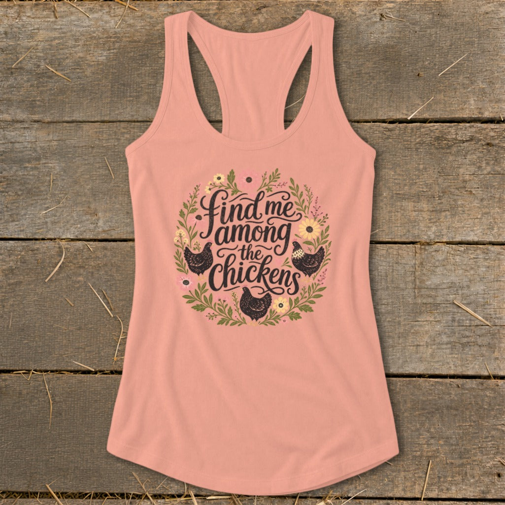 Peach tank top with "Find me among the chickens" text and floral chicken graphics.