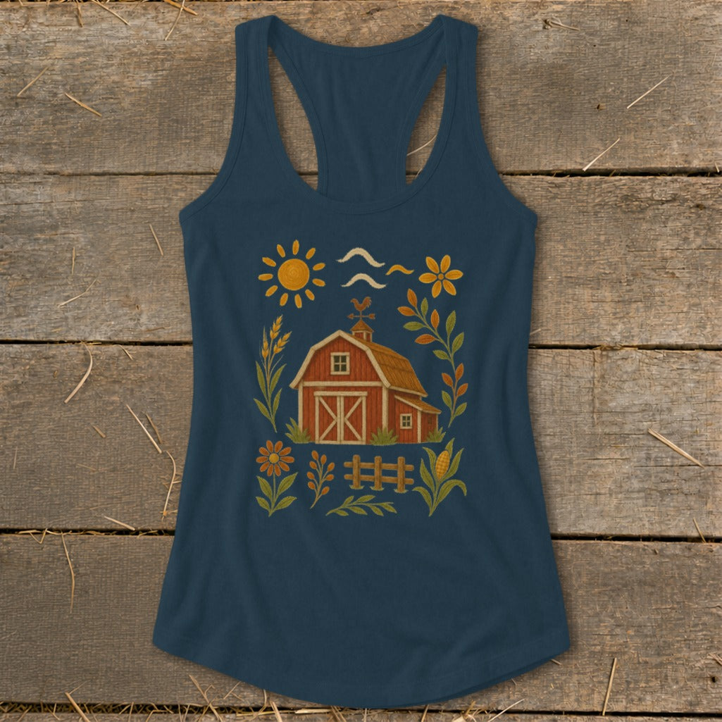 Navy tank top with a red barn and farm scene graphic print.
