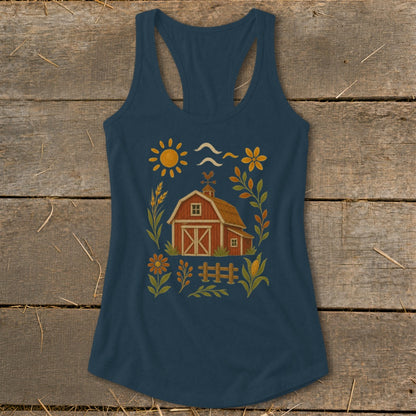 Navy tank top with a red barn and farm scene graphic print.