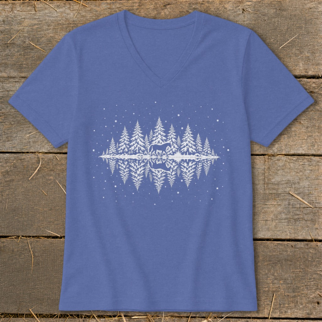 Blue v-neck shirt with white graphic of trees, a deer, and reflection.