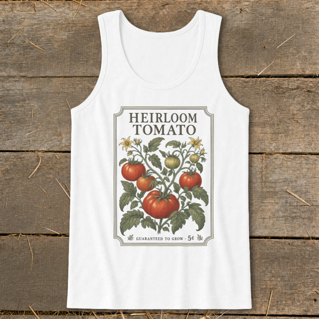 White tank top with "Heirloom Tomato" design featuring a tomato plant.