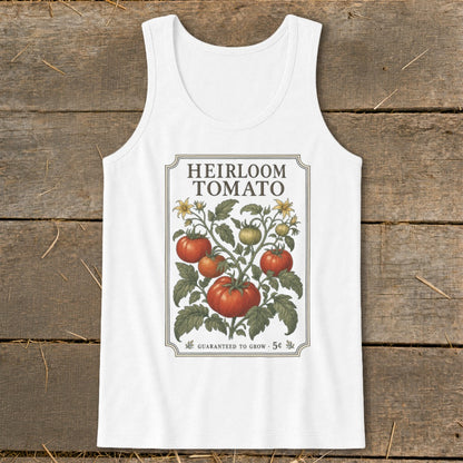 White tank top with "Heirloom Tomato" design featuring a tomato plant.
