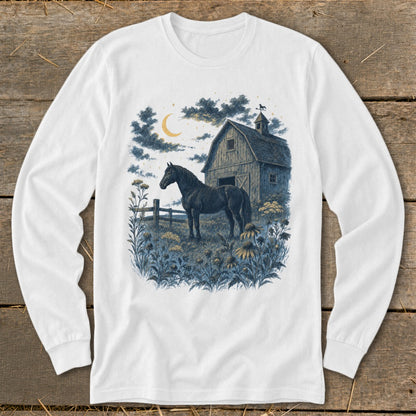 Illustration of a dark horse in a field by a barn under a crescent moon and starry sky.
