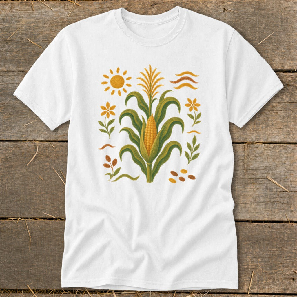 White t-shirt with folk art print of a corn stalk, sun, and flowers.