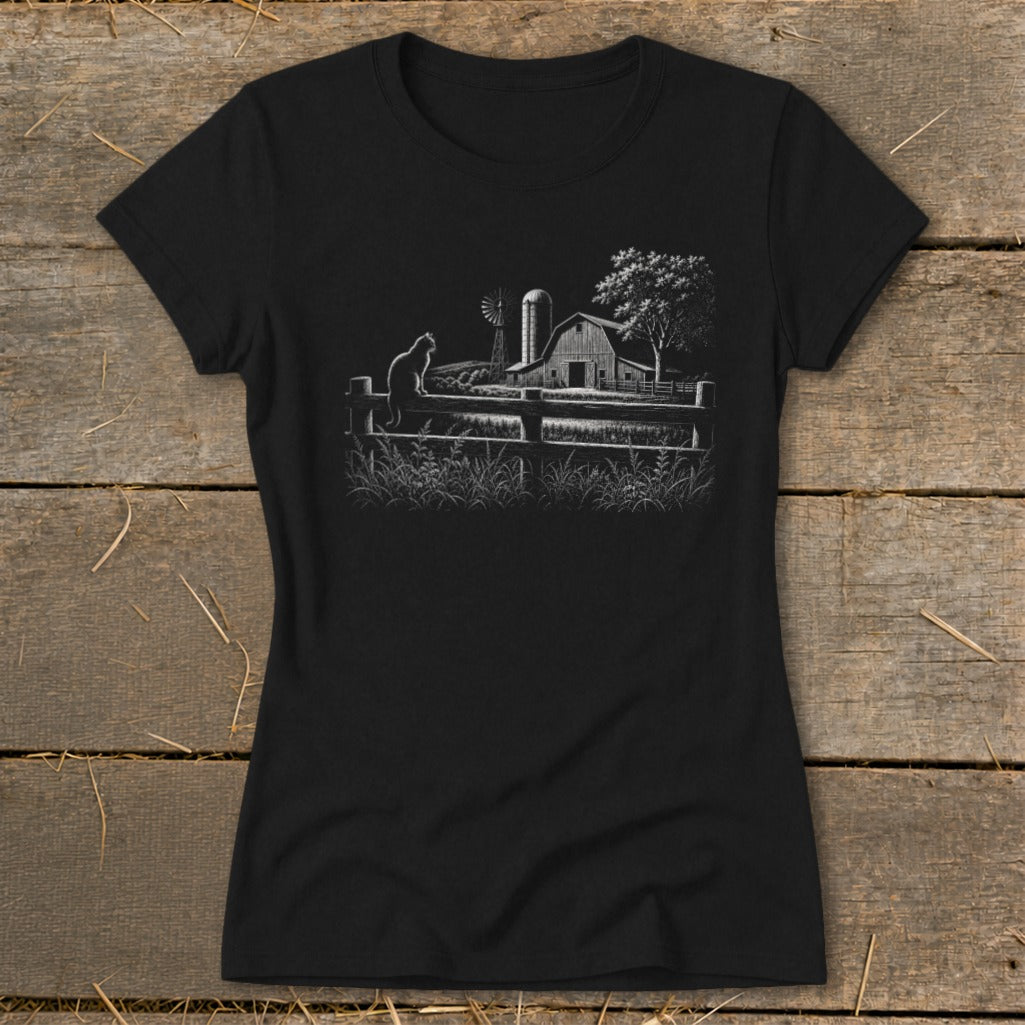 Black t-shirt with white farm graphic of cat on fence, barn, silo, and windmill.