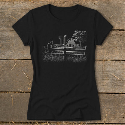 Black t-shirt with white farm graphic of cat on fence, barn, silo, and windmill.