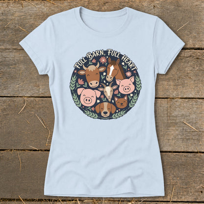 Light blue t-shirt with a circular farm animal graphic and text "FULL BARN, FULL HEART".