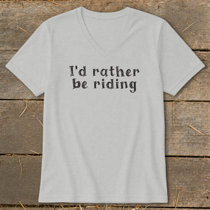 Light gray v-neck t-shirt with "I'd rather be riding" text in black.