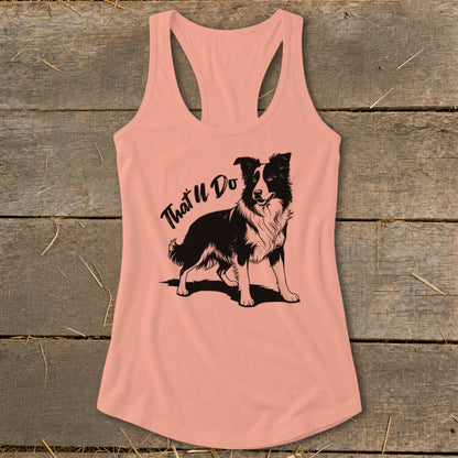 Peach tank top with black border collie graphic and "That U Do" text.