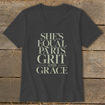 Dark grey v-neck t-shirt with "She's Equal Parts Grit and Grace" text.