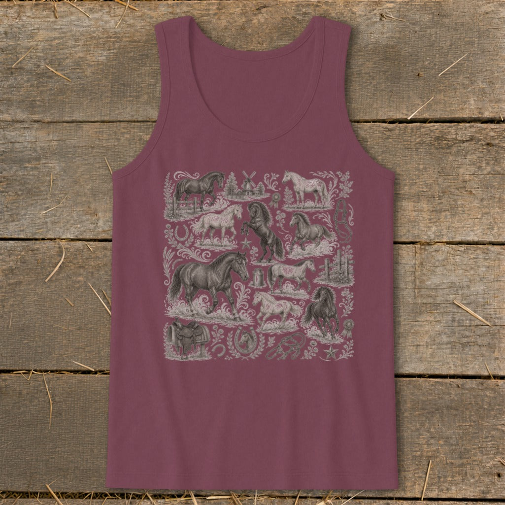Burgundy tank top with collage of various horse illustrations and equestrian elements.