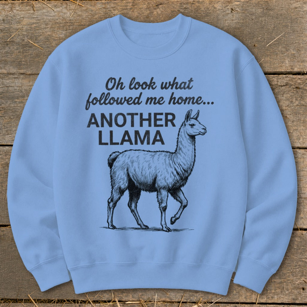 Light blue crewneck sweatshirt with a black graphic of a llama and text.