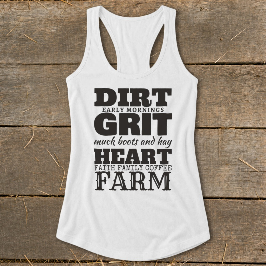 White tank top with "DIRT, GRIT, HEART, FARM" text and farm-related phrases.