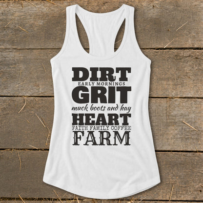 White tank top with "DIRT, GRIT, HEART, FARM" text and farm-related phrases.