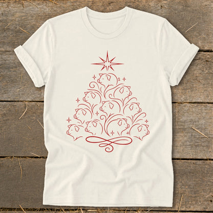 Cream t-shirt with a red line art Christmas tree made of pigs.