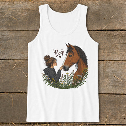 Girl booping a brown horse's nose with "Boop" text above.