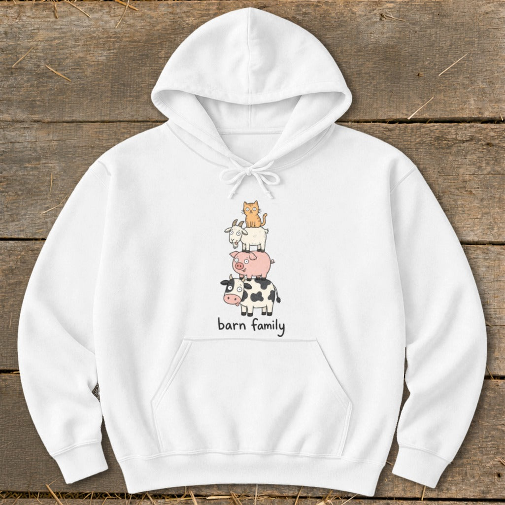 White hoodie with a stacked barn animal graphic and "barn family" text.