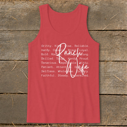 Red tank top with white text listing "Ranch Wife" attributes.