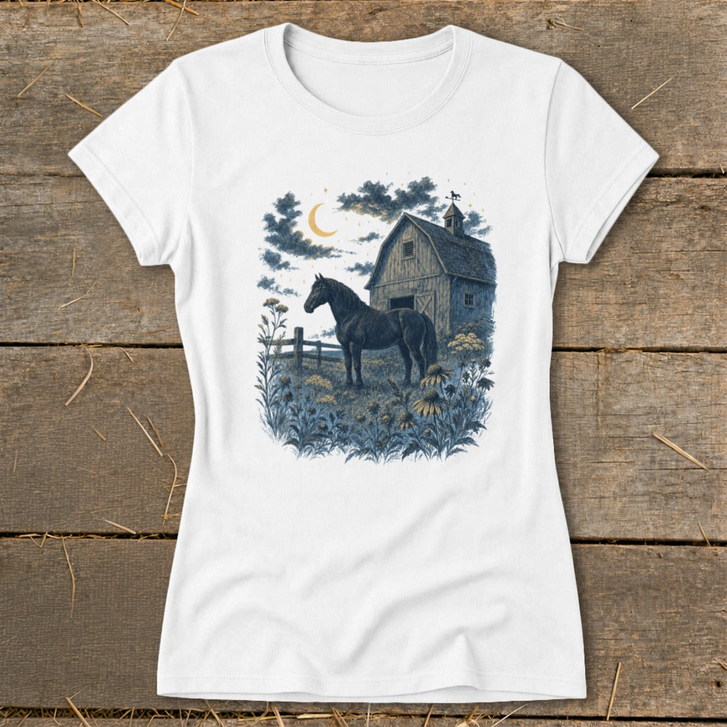 Black horse stands in a field by a barn under a crescent moon.