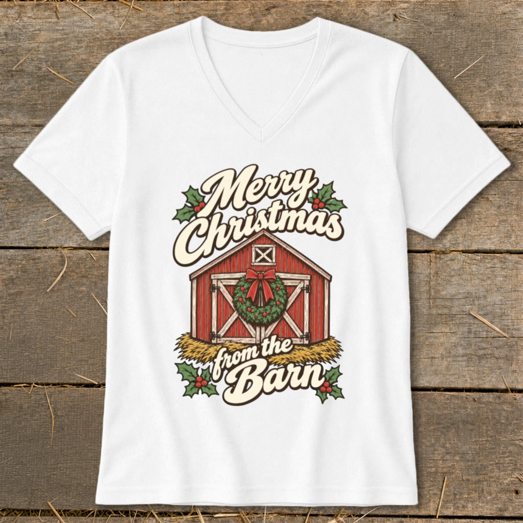 White t-shirt with "Merry Christmas from the Barn" graphic featuring a red barn and wreath.