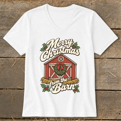 White t-shirt with "Merry Christmas from the Barn" graphic featuring a red barn and wreath.