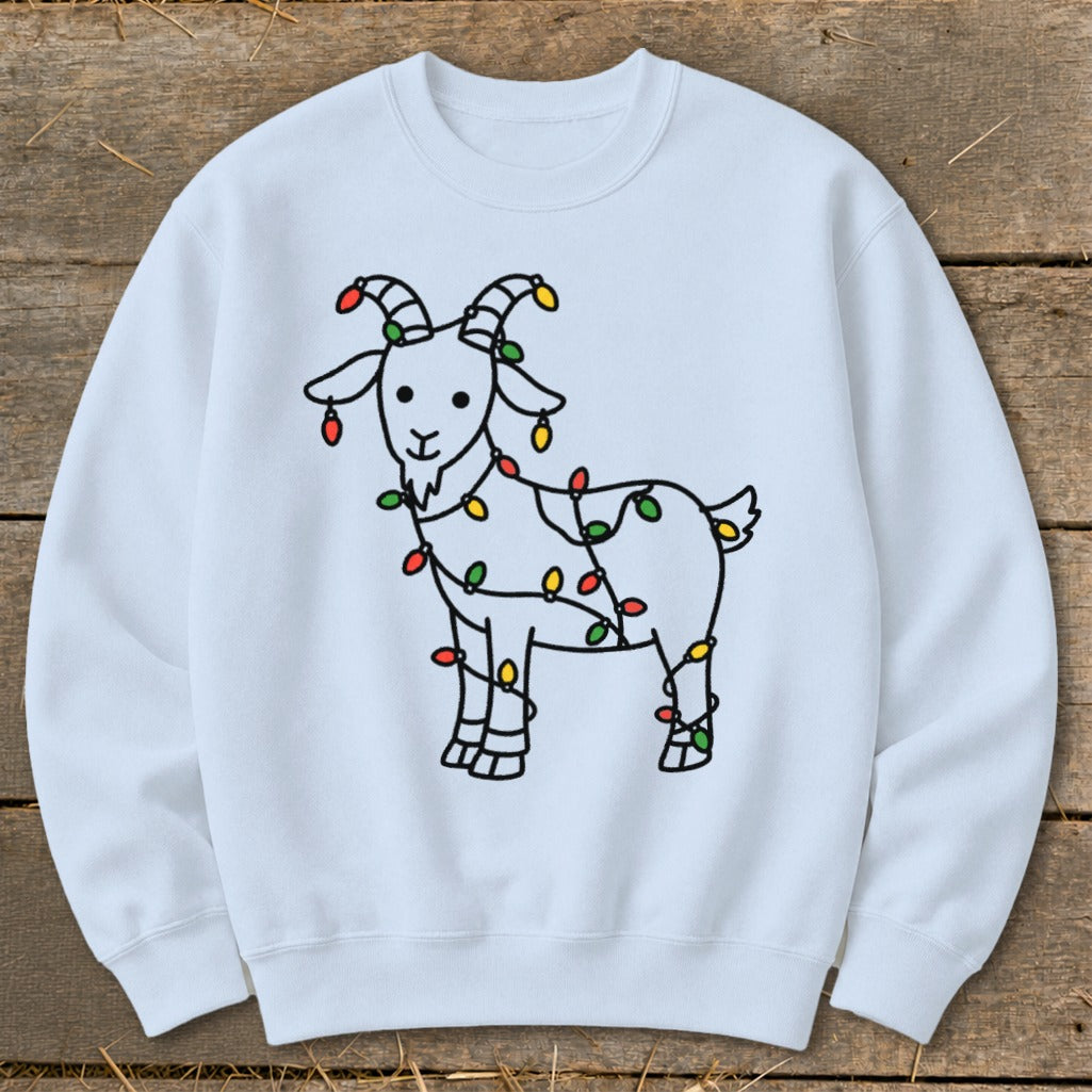 White sweatshirt with a black outline drawing of a goat wrapped in Christmas lights.