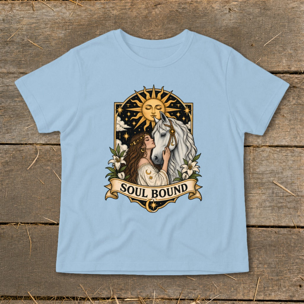 Illustration of a woman and a white horse embracing under a sun, with text "SOUL BOUND".