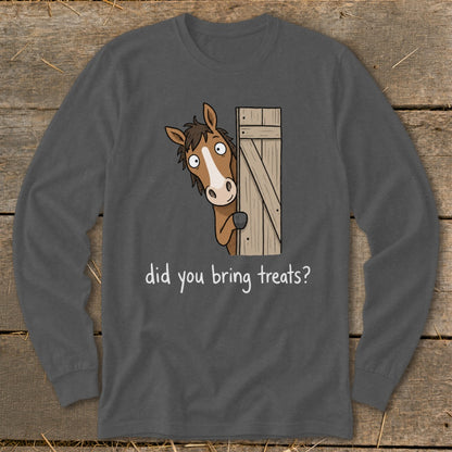 Cartoon horse peeking from behind a wooden gate asks "Did you bring treats?"