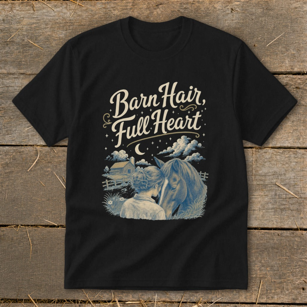 Black t-shirt with "Barn Hair, Full Heart" text and horse and person illustration.