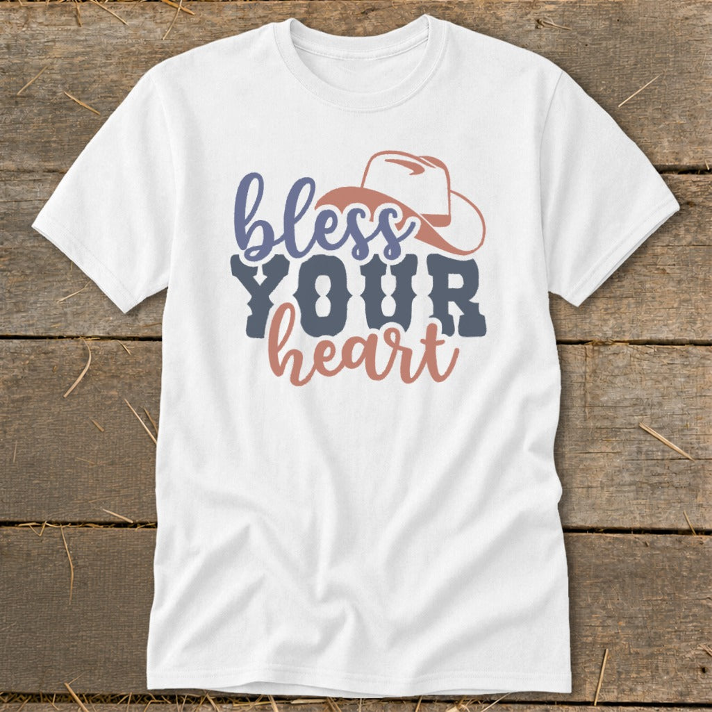 White t-shirt with "bless YOUR heart" text and a cowboy hat graphic.
