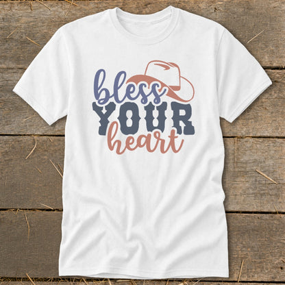 White t-shirt with "bless YOUR heart" text and a cowboy hat graphic.