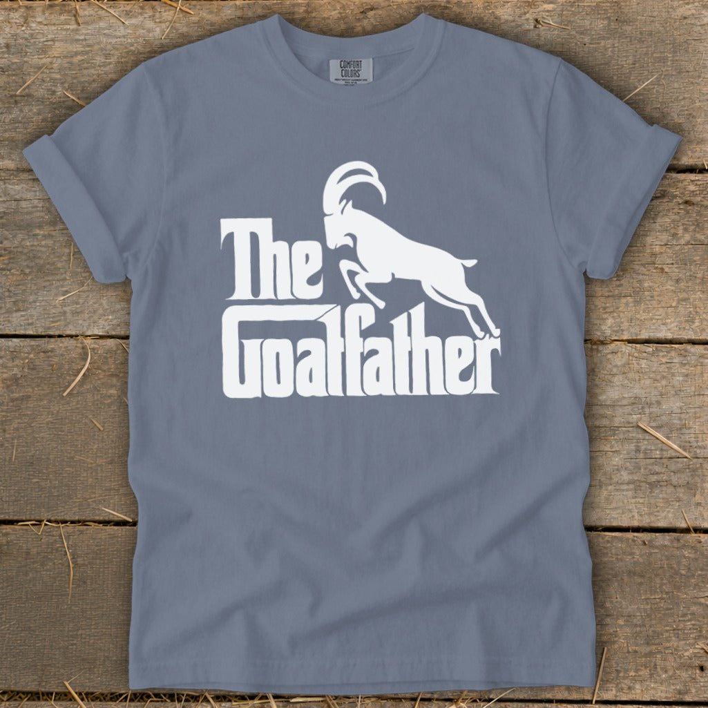 Grey t-shirt with white "The Goatfather" text and goat graphic.