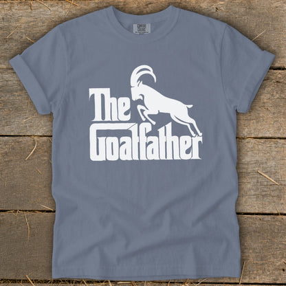 Grey t-shirt with white "The Goatfather" text and goat graphic.