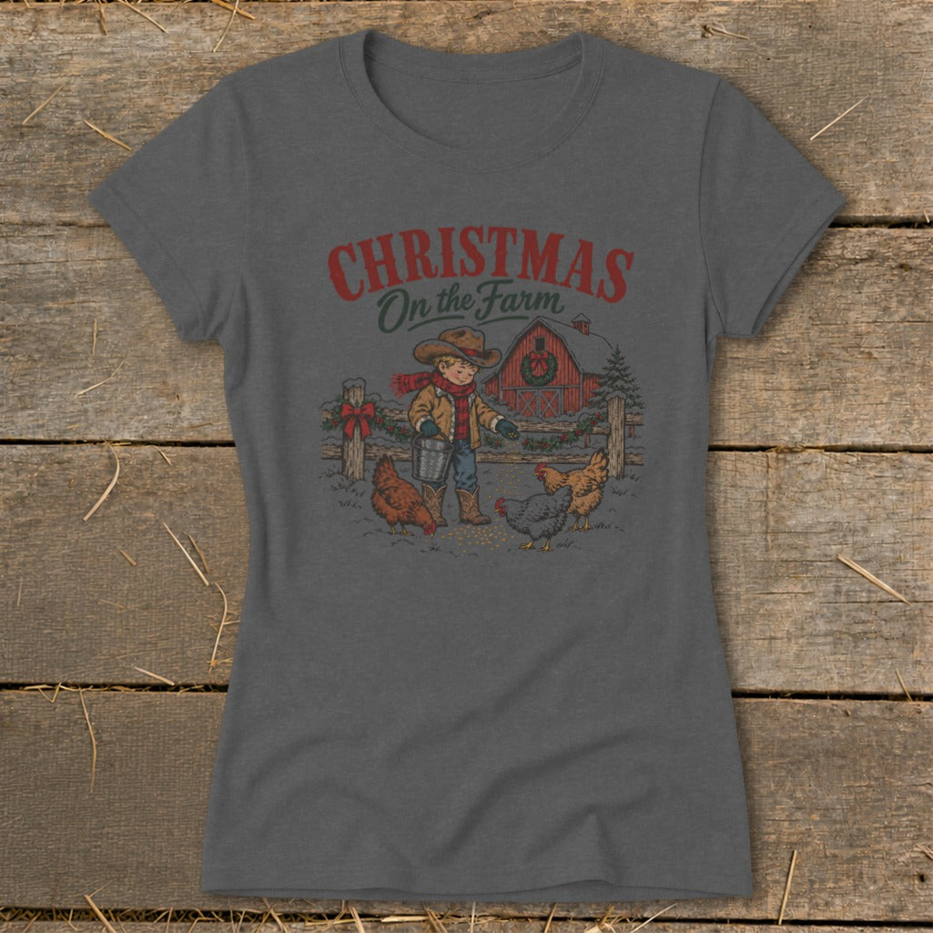 Child feeding chickens at a farm with "Christmas On the Farm" text.