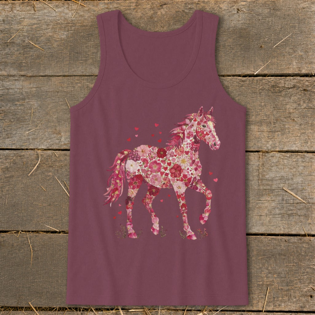Burgundy tank top with a floral horse graphic and scattered red hearts.