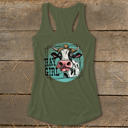 Tank top with a cartoon cow wearing a bandana and the text "HAY GIRL".
