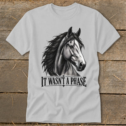 Gray t-shirt with a black and white sketch of a horse's head and the text "IT WASN'T A PHASE".