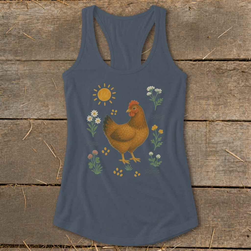 Blue tank top with a brown hen, sun, and wildflowers illustration.