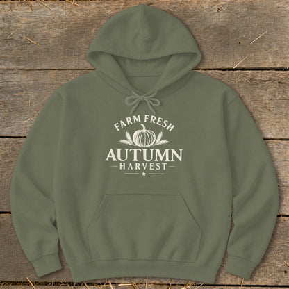 Olive green hoodie with white "Farm Fresh Autumn Harvest" graphic.