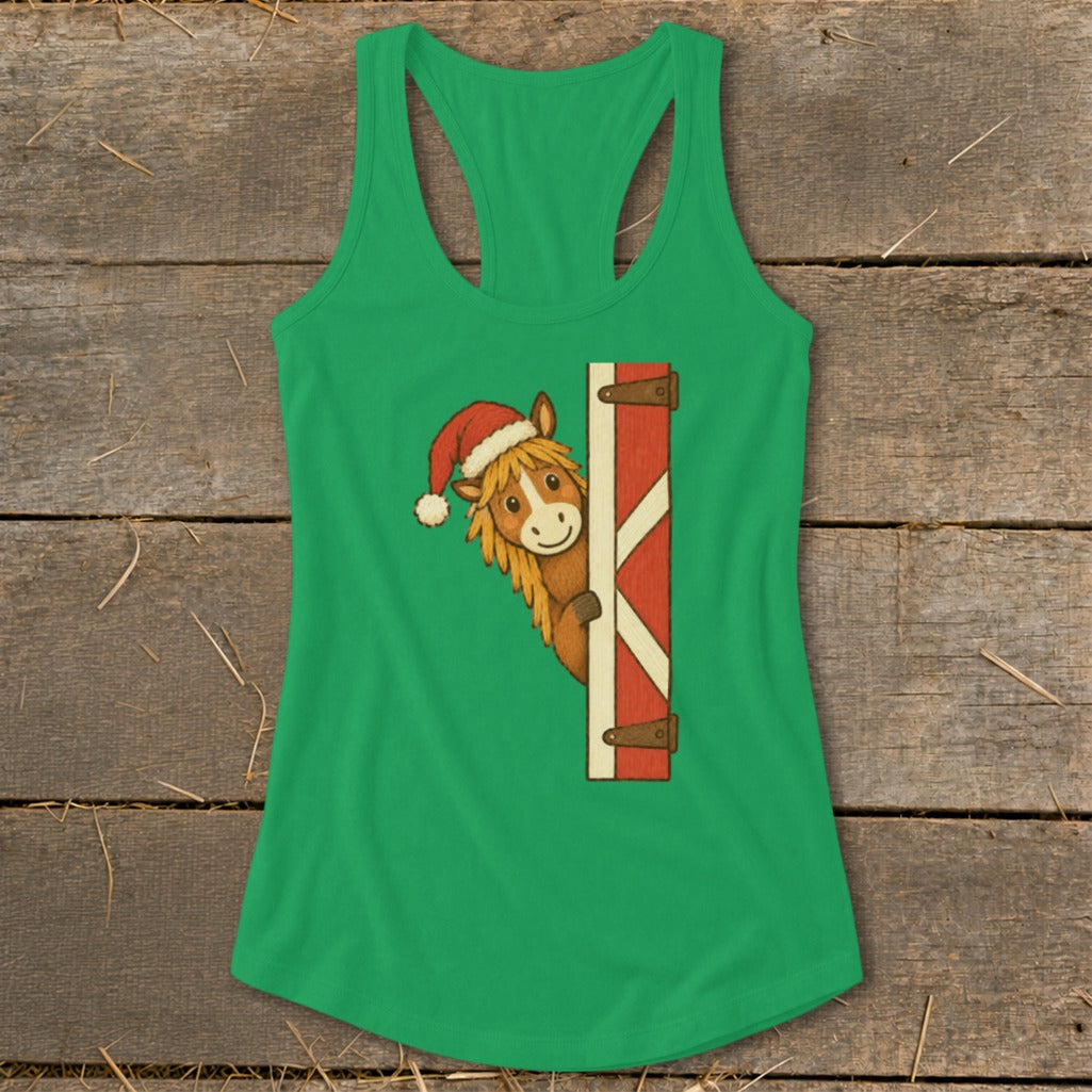 Green tank top with a cartoon horse wearing a Santa hat peeking from behind a barn door.
