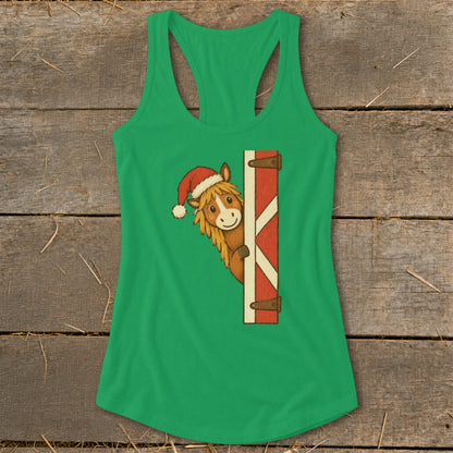 Green tank top with a cartoon horse wearing a Santa hat peeking from behind a barn door.