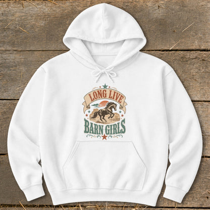 White hoodie with "Long Live Barn Girls" text and a horse graphic.