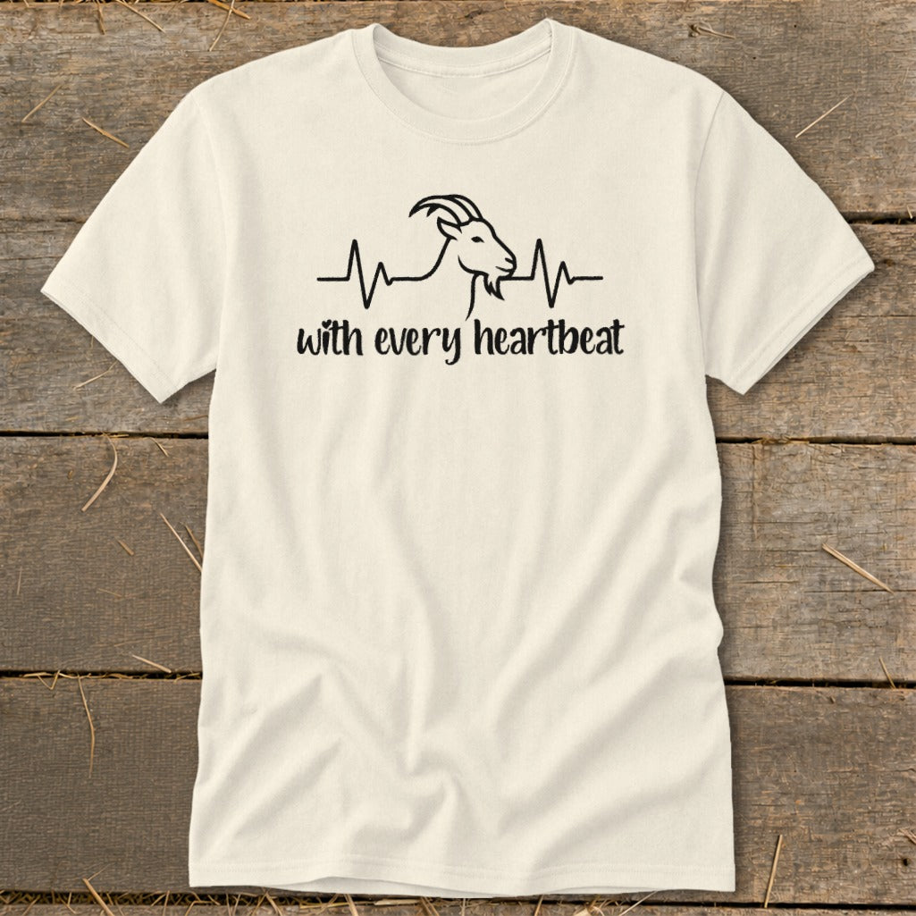 Cream t-shirt with black graphic of a goat on a heartbeat line and text "with every heartbeat".