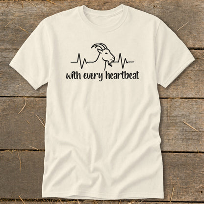 Cream t-shirt with black graphic of a goat on a heartbeat line and text "with every heartbeat".