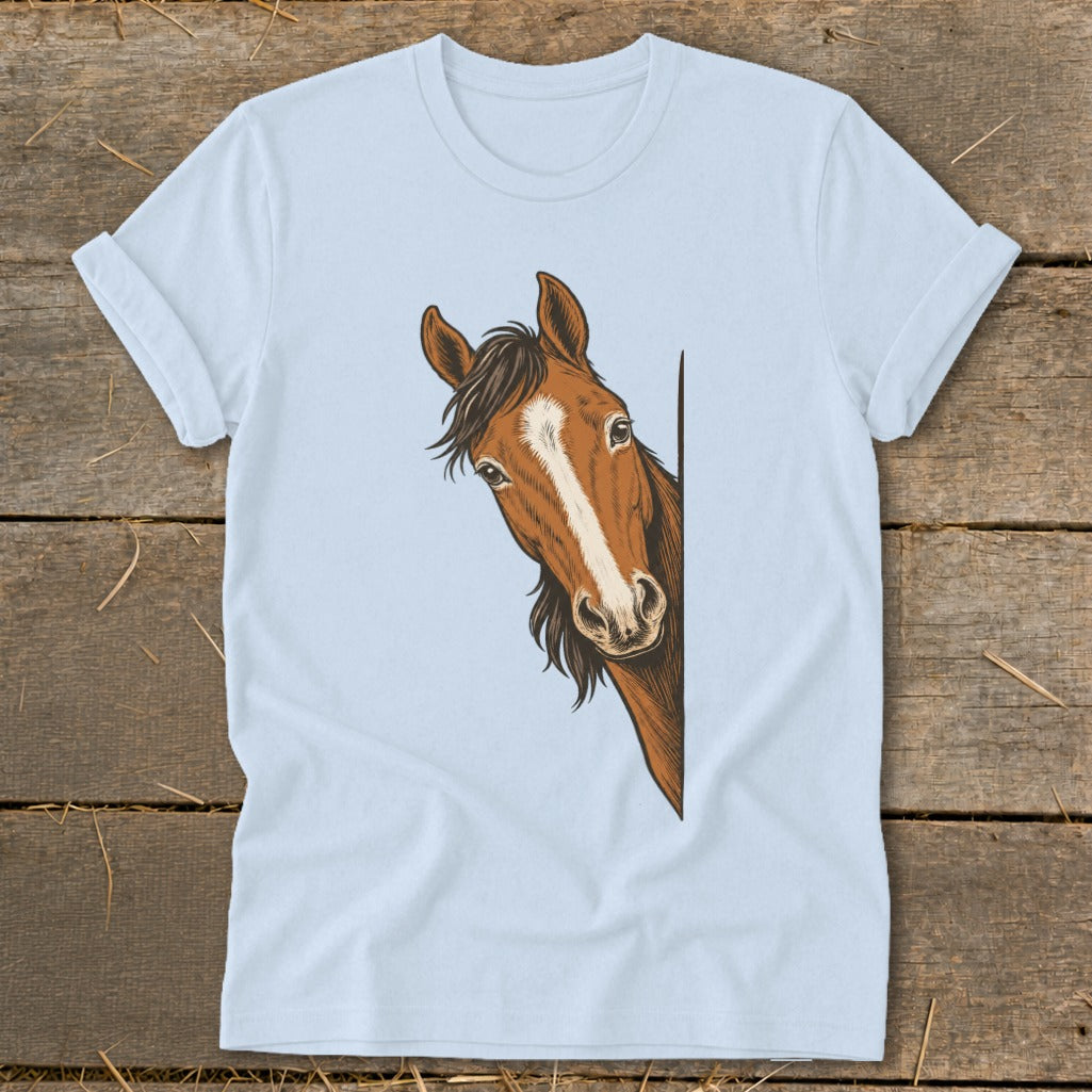 Light blue t-shirt with a brown horse peeking from the right edge.